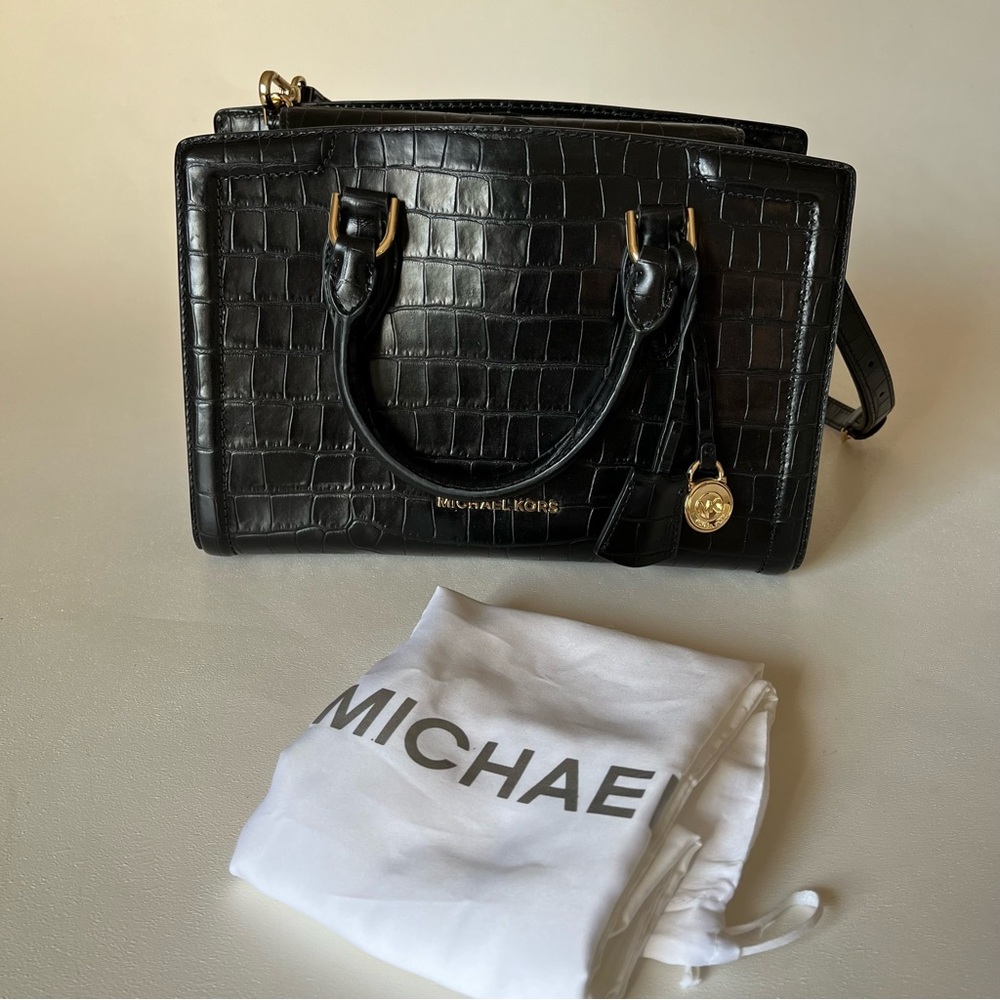 Michael Kors Zoe Crocodile Embossed Leather Satchel Bag Gold Hardware